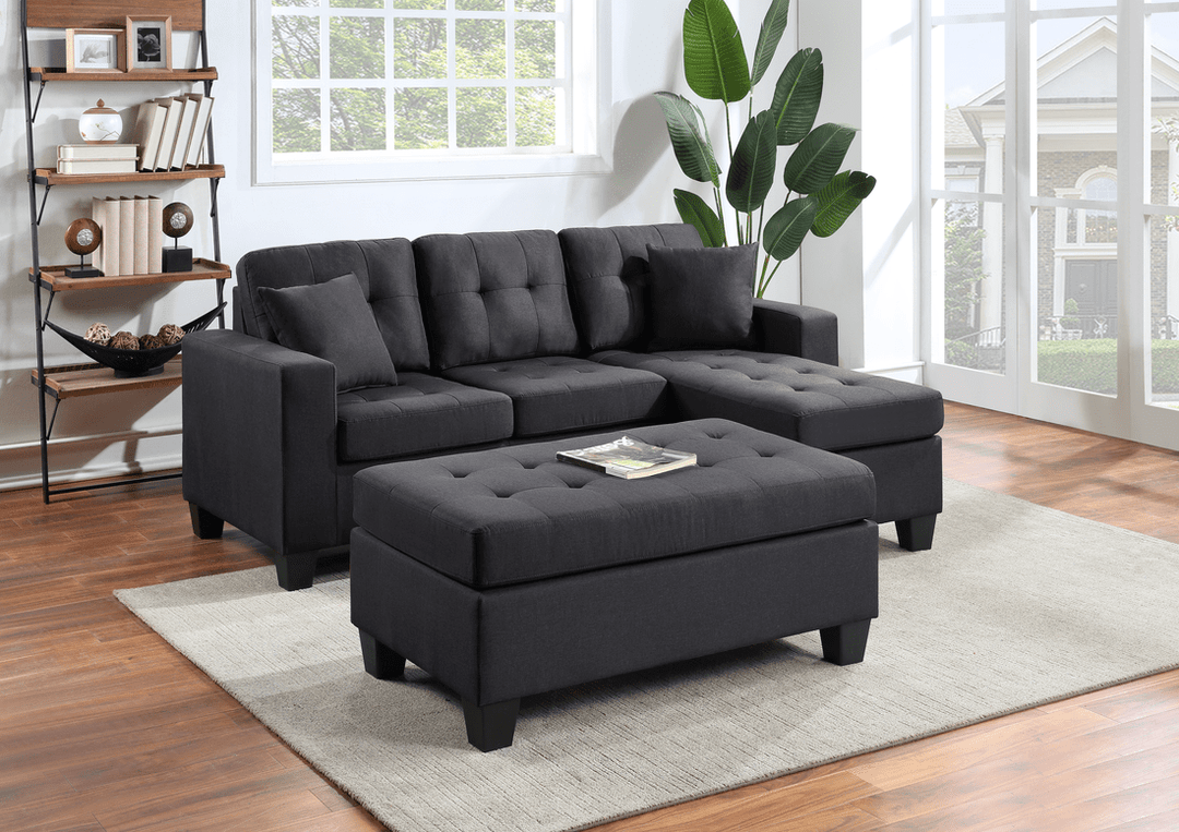 Naomi Black Linen - Sectional & Ottoman