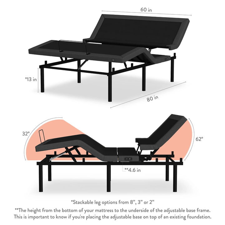Wireless Adjustable Base with head and foot articulation and massage
