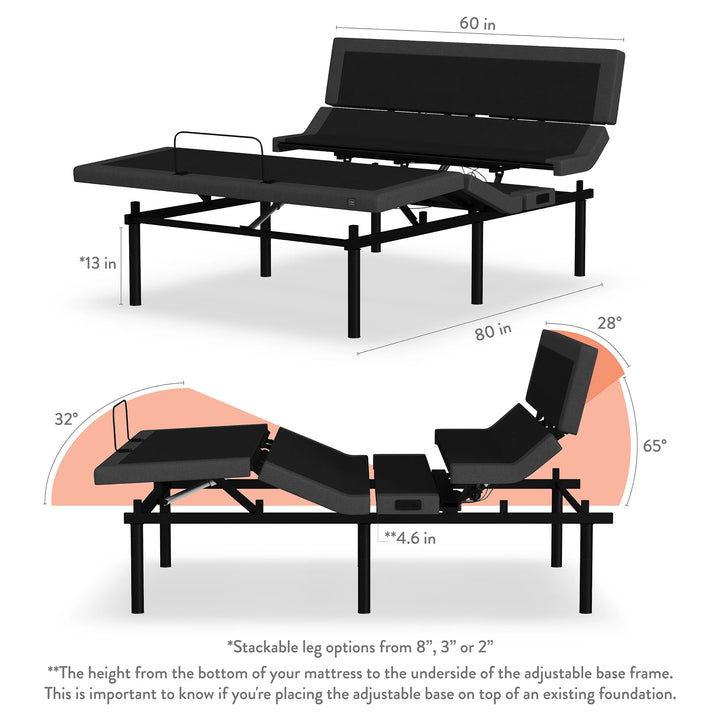 Adjustable Base With Head and Foot Articulation, Full Body Massage + Edge-to-edge adjustable lumbar support