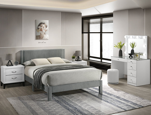 Modern Upholstered Bed Frame with Ribbed Headboard – Minimalist Platform Bed in Pink or Light Grey
