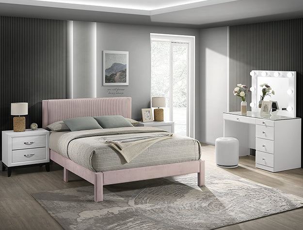 Modern Upholstered Bed Frame with Ribbed Headboard – Minimalist Platform Bed in Pink or Light Grey