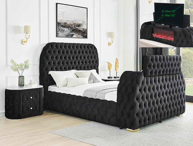 Luxury Velvet TV Lift Bed with Electric Fireplace – Black or Grey Tufted Upholstered Bed