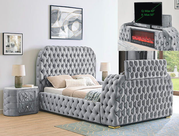 Luxury Velvet TV Lift Bed with Electric Fireplace – Black or Grey Tufted Upholstered Bed