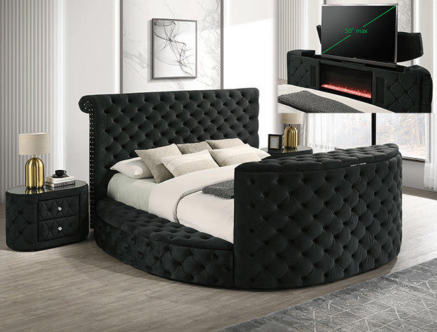 Luxury Velvet Round Bed with TV Lift & Electric Fireplace – Tufted Upholstered Storage Bed