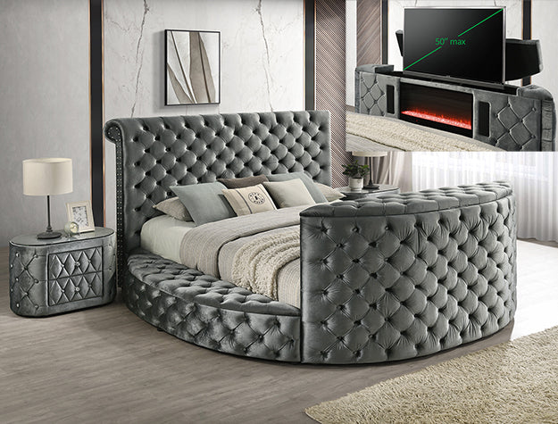 Luxury Velvet Round Bed with TV Lift & Electric Fireplace – Tufted Upholstered Storage Bed