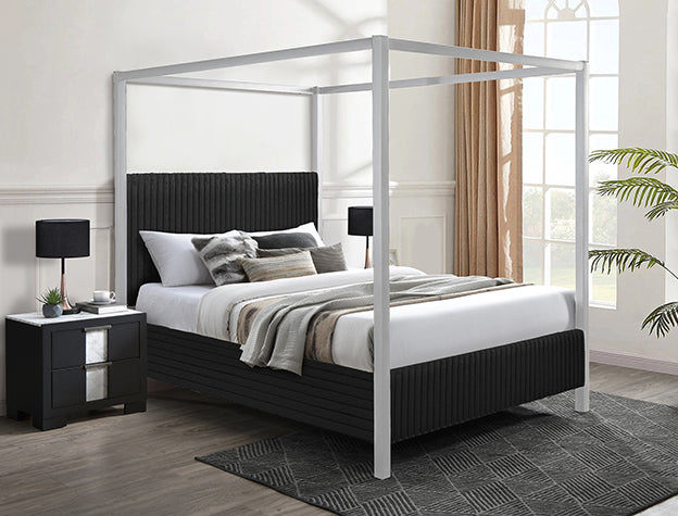 Modern Upholstered Canopy Bed Frame with Vertical Channel Headboard – Luxury Bed in Black or Light Grey