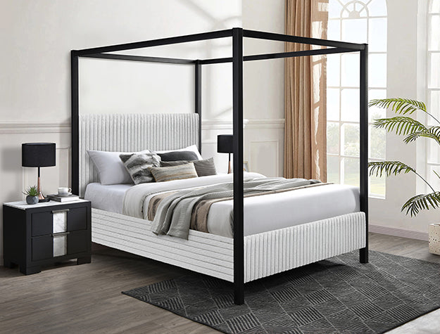 Modern Upholstered Canopy Bed Frame with Vertical Channel Headboard – Luxury Bed in Black or Light Grey