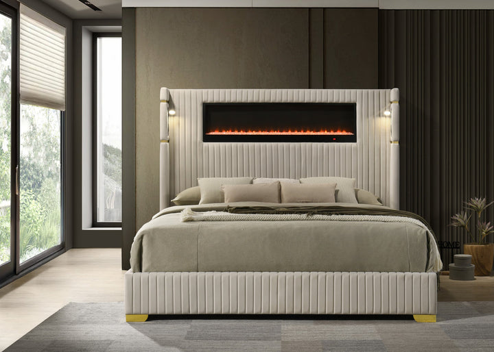 Smart Platform Bed with Fireplace Display & Bluetooth Audio