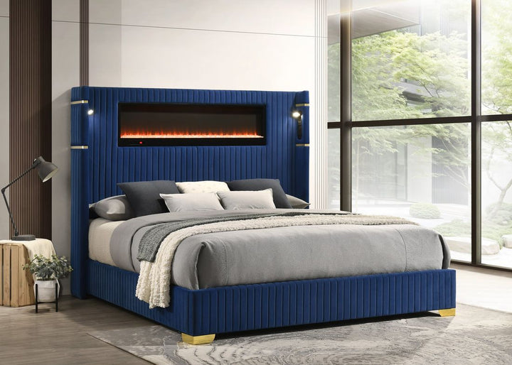 Blue Platform Bed Frame with Fireplace Headboard, Bluetooth Speakers, LED Reading Lights & USB-C Charging Ports – Modern Upholstered Bed