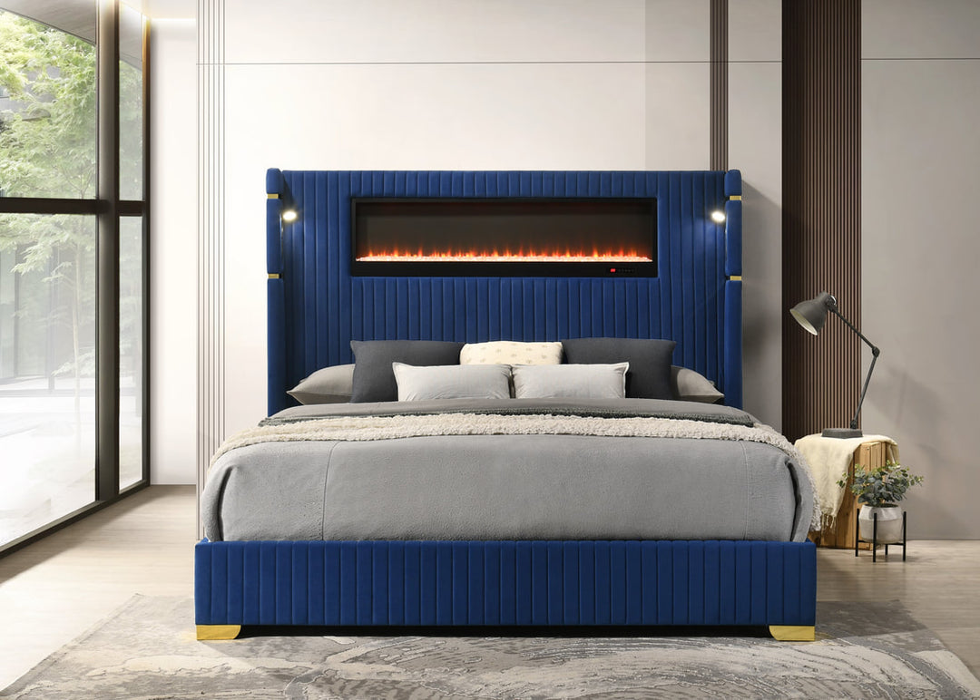 Blue Platform Bed Frame with Fireplace Headboard, Bluetooth Speakers, LED Reading Lights & USB-C Charging Ports – Modern Upholstered Bed