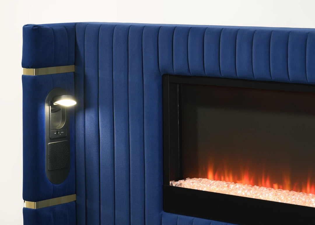 Blue Platform Bed Frame with Fireplace Headboard, Bluetooth Speakers, LED Reading Lights & USB-C Charging Ports – Modern Upholstered Bed