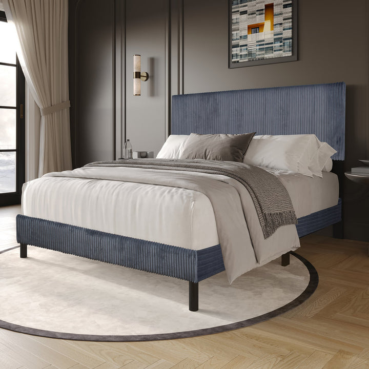 Gray Cord Fabric Platform Bed Frame with Upholstered Headboard – Modern No Box Spring Bed