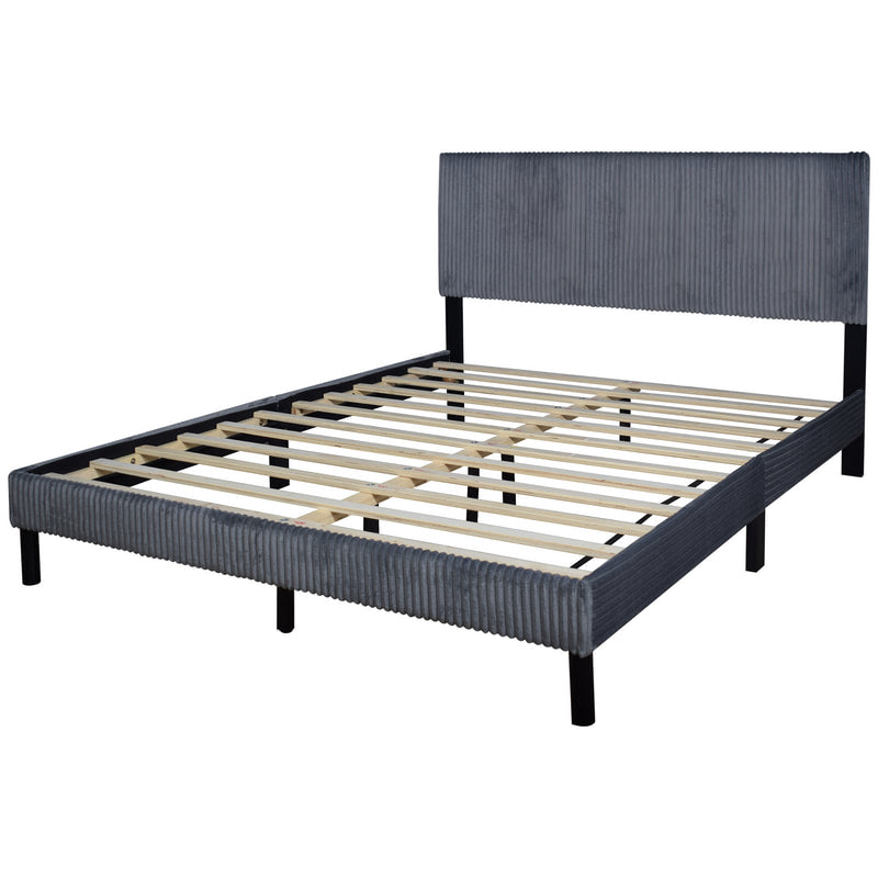 Gray Cord Fabric Platform Bed Frame with Upholstered Headboard – Modern No Box Spring Bed