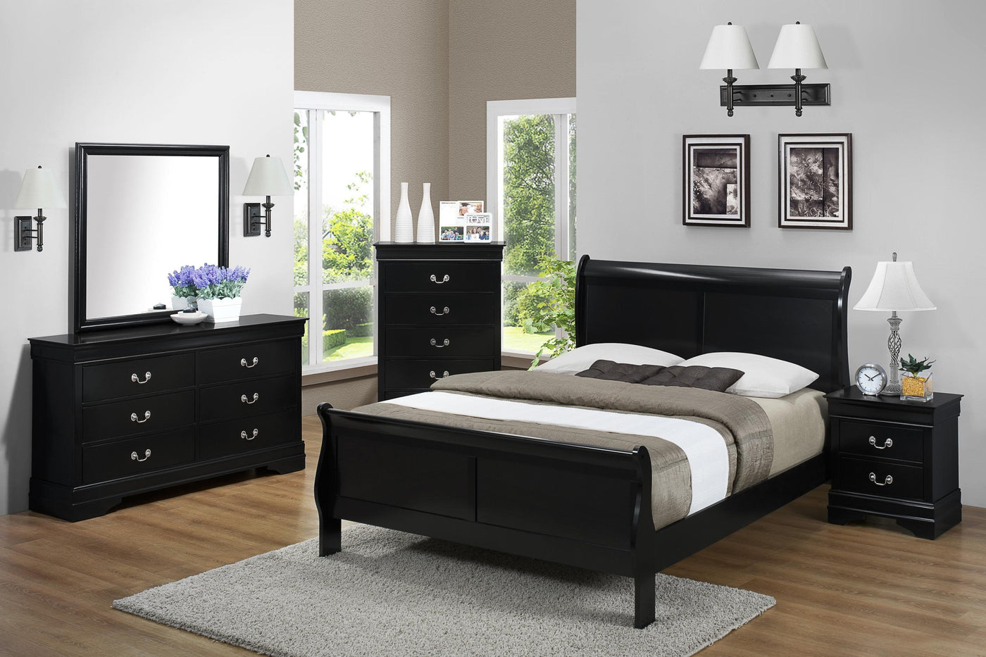 Black Louis Sleigh Bedroom - Luxury Mattress and Furniture in